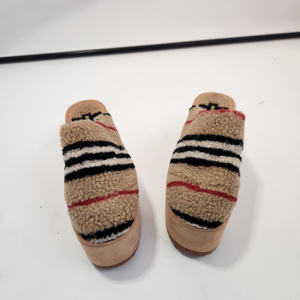 Shoe Republic LA Tan and Black Striped Mules